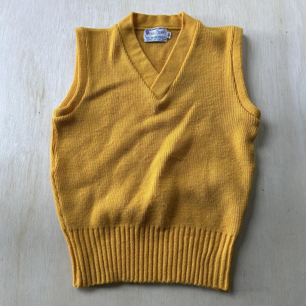Vintage East-Tenn Sweater Vest Teens XS Yellow Orlon Acrylic Tight Knit V Neck